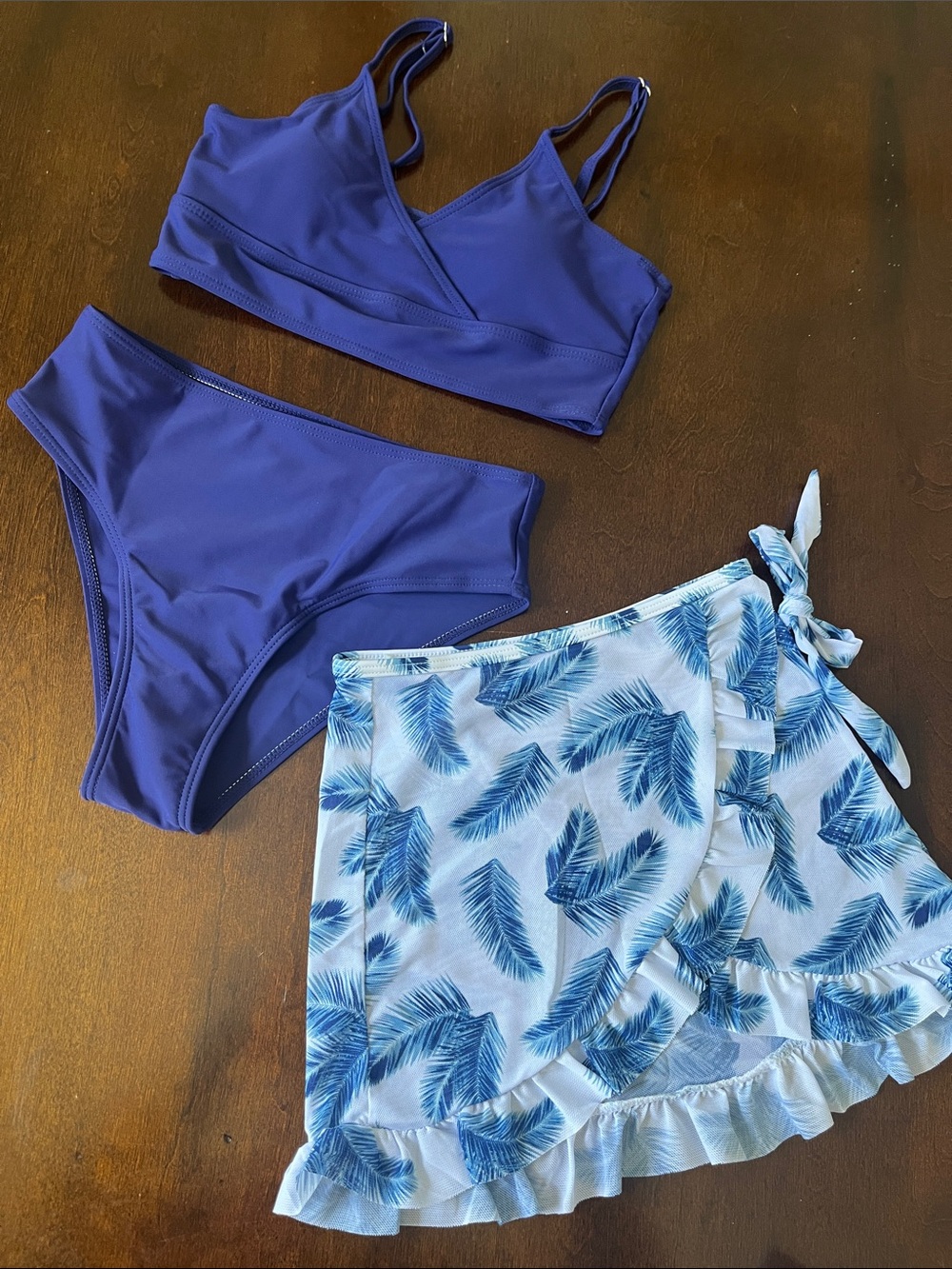 Blue Girls' Two-Piece Swim Set with Blue Leaf Wrap Skirt